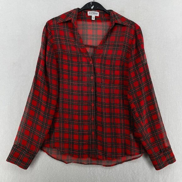 Express Tops - Express The Portifino Button-Up Shirt Women 2XS Red Black Plaid Long Sleeve